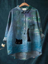 Women's Oil Painting Cat Art Print Casual Cotton And Linen Shirt